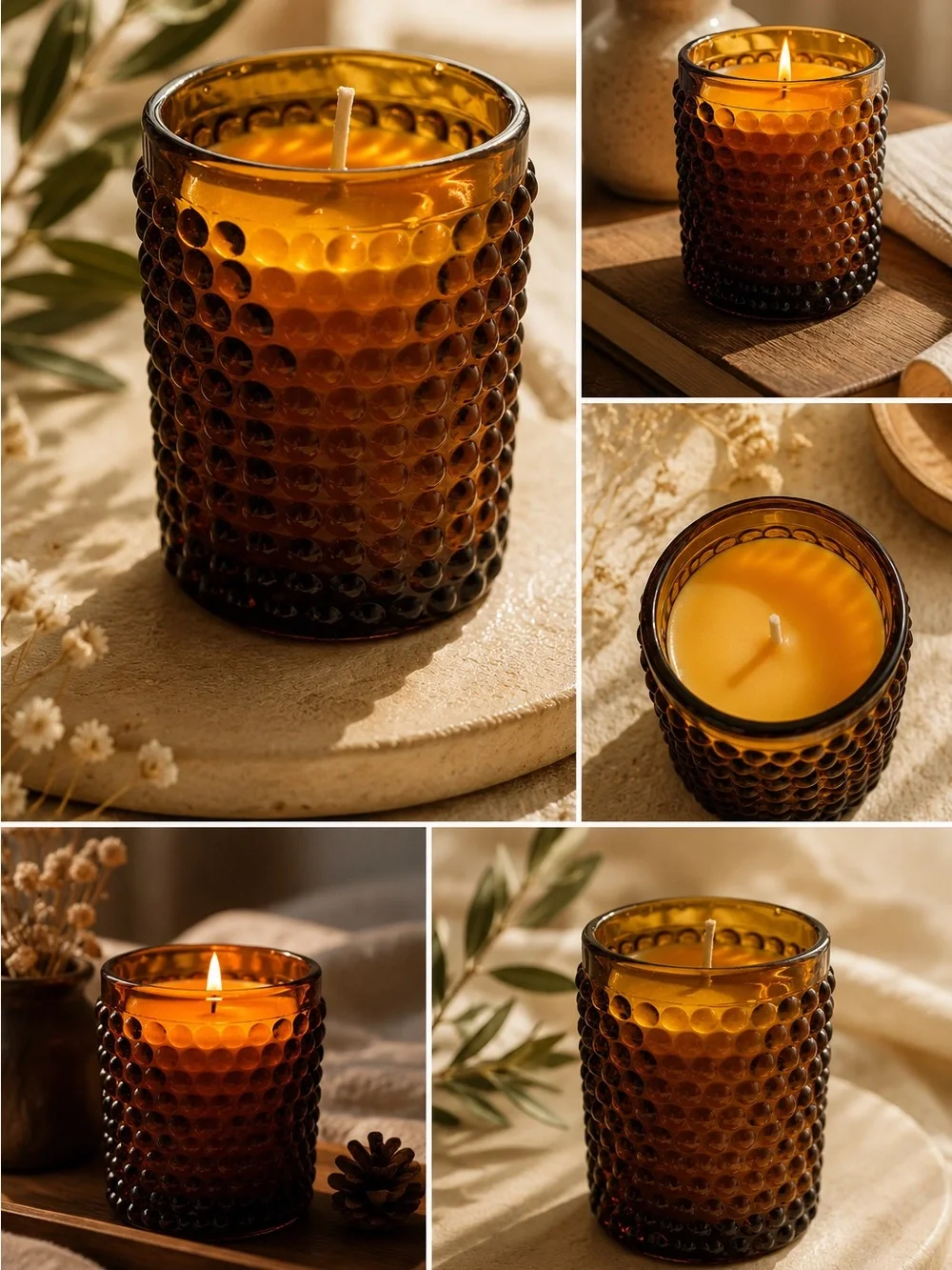 Pure Beeswax Candle in Amber Textured Glass Jar Natural Non Toxic Healthy Home